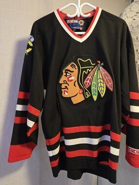 Vintage CCM Chicago Blackhawks NHL Jersey Black Red‎ - Size Large